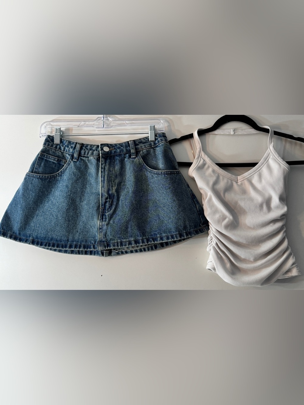 Peppermayo Denim Mini Skirt and White Ruched Tank Set